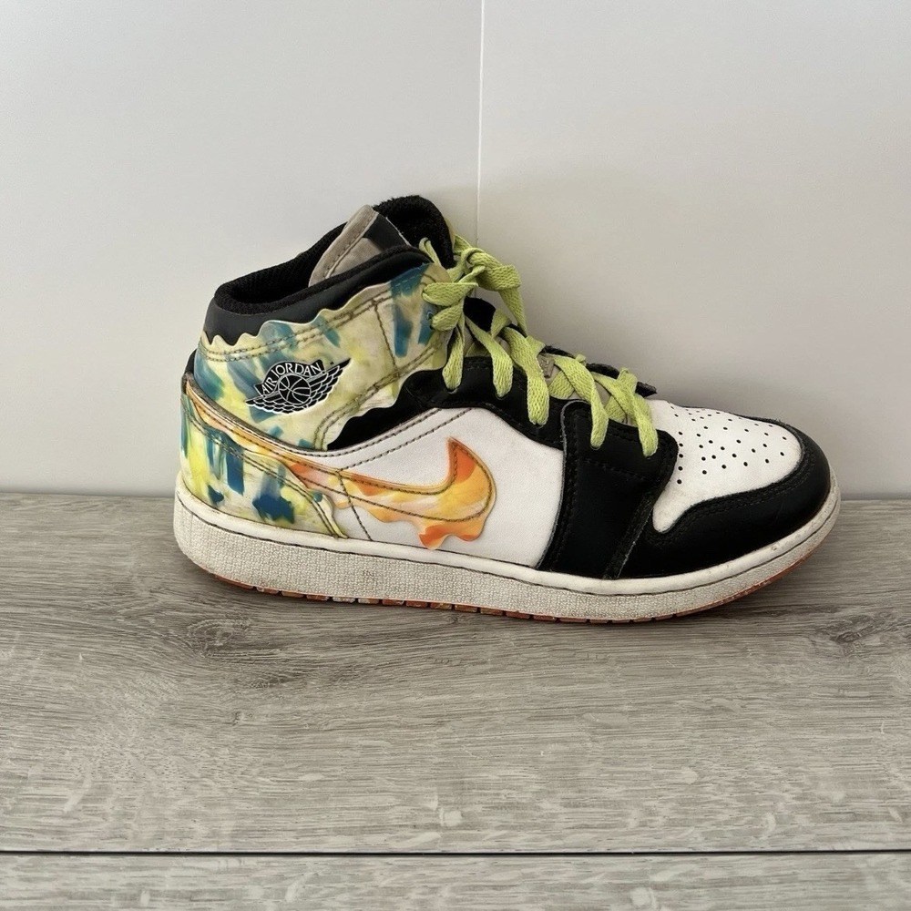 Nike Air Jordan 1 Mid SE Tie Dye GS 5.5Y White Black DJ6563-038 Shoes